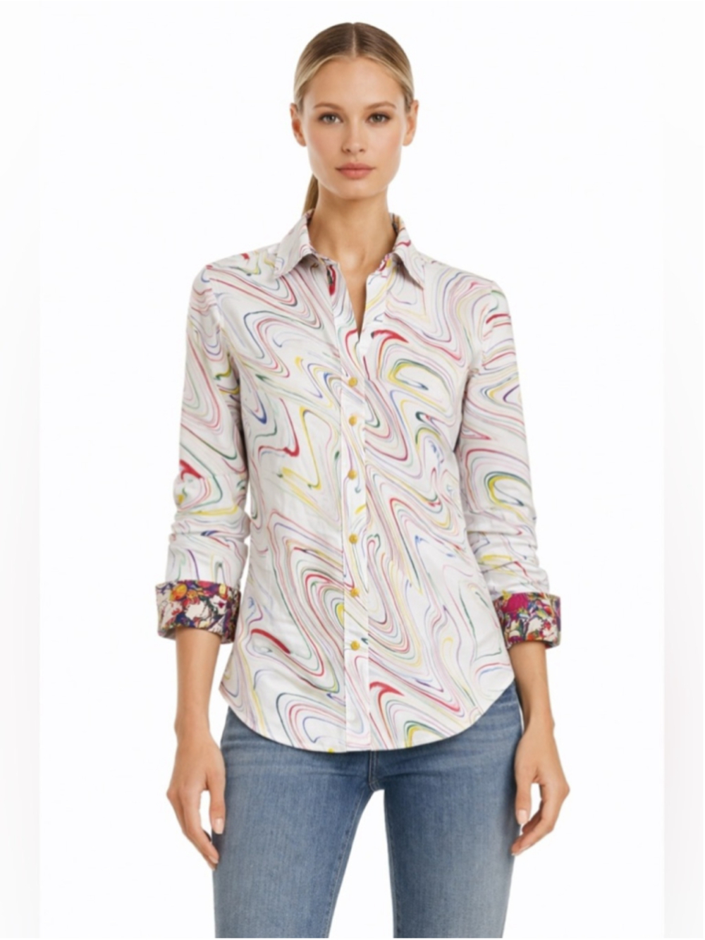 Robert Graham White Button-Up Shirt with Multicolor Swirl Print